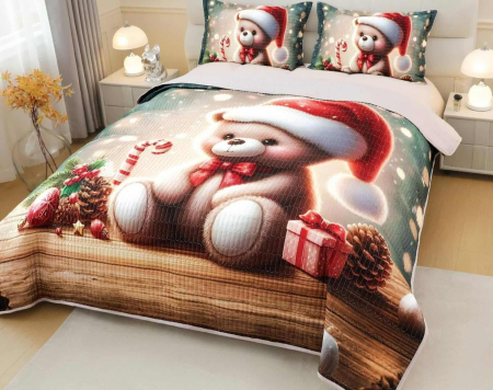 CUVERTURI - Cuvertura si Fete de Perna, Jojo Home, Bumbac, Imprimeu Digital 5D Magia Craciunului, Ursuleti de Craciun, 3 piese, 2 persoane, 220x240cm