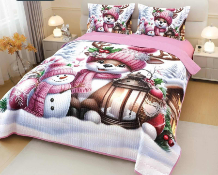 Cuvertura si Fete de Perna, Jojo Home, Bumbac, Imprimeu Digital 5D Magia Craciunului, Ursuleti de Craciun, 3 piese, 2 persoane, 220x240cm [2]