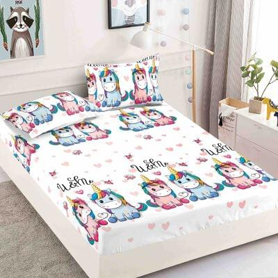 HUSE DE PAT - Husa de pat cu elastic din Bumbac Finet + 2 Fete de Perna- Unicorni