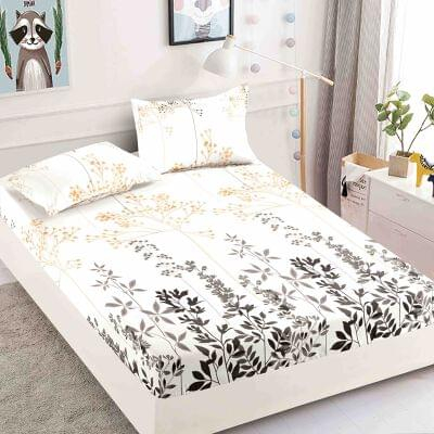 HUSE DE PAT - Husa de pat cu elastic din Bumbac Finet + 2 Fete de Perna- Alb cu Frunze