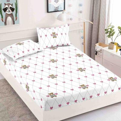 HUSE DE PAT - Husa de pat cu elastic din Bumbac Finet + 2 Fete de Perna- Ursulet cu Inimioare