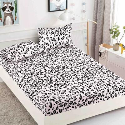 HUSE DE PAT - Husa de pat cu elastic din Bumbac Finet + 2 Fete de Perna- Leopard Alb