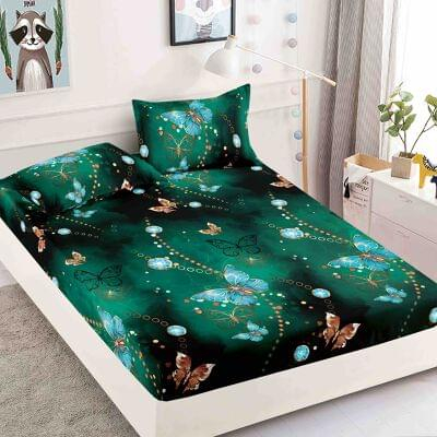 HUSE DE PAT - Husa de pat cu elastic din Bumbac Finet + 2 Fete de Perna-Verde cu Fluturi