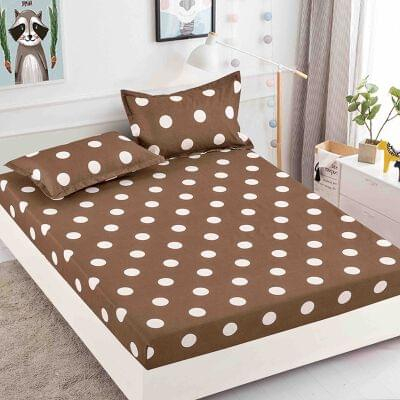 HUSE DE PAT - Husa de pat cu elastic din Bumbac Finet + 2 Fete de Perna -Maro cu buline