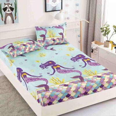 HUSE DE PAT - Husa de pat cu elastic din Bumbac Finet + 2 Fete de Perna- Sirena