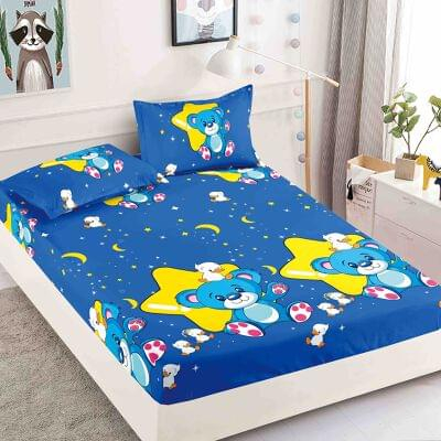 HUSE DE PAT - Husa de pat cu elastic din Bumbac Finet + 2 Fete de Perna- Ursulet Albastru