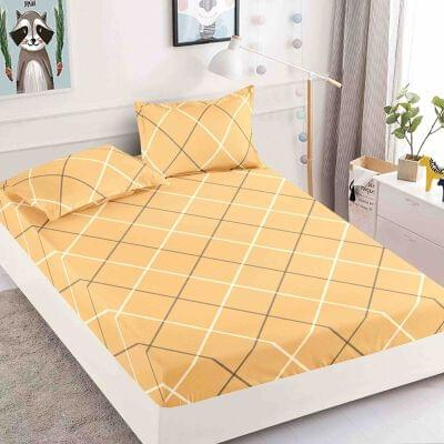 HUSE DE PAT - Husa de pat cu elastic din Bumbac Finet + 2 Fete de Perna- Galben