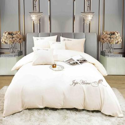 LENJERII DE PAT - Lenjerie de pat, cu Broderie, Cocolino tip Blăniță Iepure, 2 Persoane, 6 Piese, cu ELASTIC - Crem