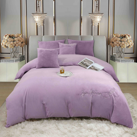 LENJERII DE PAT - Lenjerie de pat, cu Broderie, Cocolino tip Blăniță Iepure, 2 Persoane, 6 Piese, cu ELASTIC -Mov