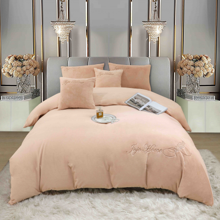 LENJERII DE PAT - Lenjerie de pat, cu Broderie, Cocolino tip Blăniță Iepure, 2 Persoane, 6 Piese, cu ELASTIC -Somon