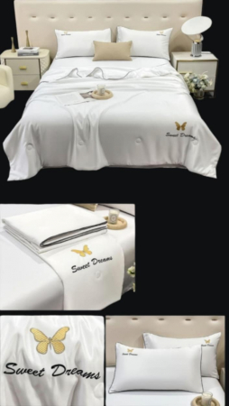 LENJERIE MATASE CU PILOTA - Lenjerie De Pat din Matase, Pilota Inclusa, 4 Piese, Culoare Alb