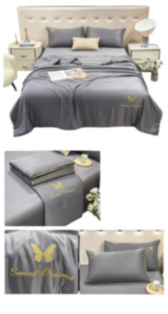 LENJERIE MATASE CU PILOTA - Lenjerie De Pat din Matase, Pilota Inclusa, 4 Piese, Gri Inchis,