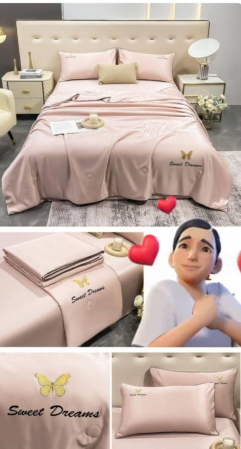 Lenjerie De Pat din Matase, Pilota Inclusa, 4 Piese, Roz Pudra [1]