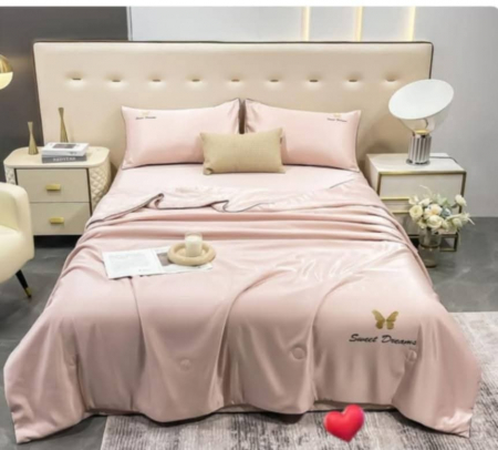 LENJERIE MATASE CU PILOTA - Lenjerie De Pat din Matase, Pilota Inclusa, 4 Piese, Roz Pudra
