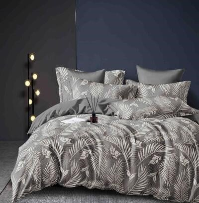 LENJERII DE PAT - Lenjerie Din Bumbac Tip Finet 6 Piese Pentru Pat Dublu - Gri cu Alb