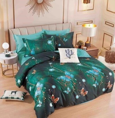 Bumbac Tip Finet 6 Piese - Lenjerie Din Bumbac Tip Finet 6 Piese Pentru Pat Dublu -Verde cu Fluturi