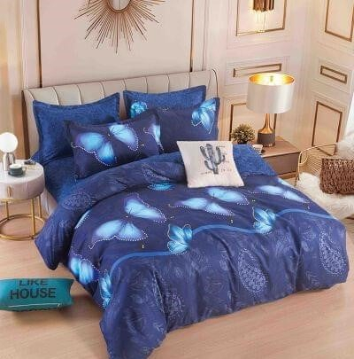 Bumbac Tip Finet 6 Piese - Lenjerie Din Bumbac Tip Finet 6 Piese Pentru Pat Dublu - Mov Fluturi