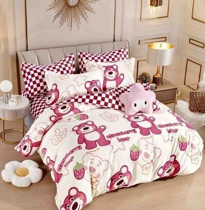 Bumbac Tip Finet 6 Piese - Lenjerie Din Bumbac Tip Finet 6 Piese Pentru Pat Dublu - Ursulet cu Capsunele