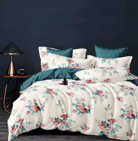 LENJERII DE PAT - Lenjerie Din Bumbac Tip Finet 6 Piese Pentru Pat Dublu - Alb cu Trandafiri