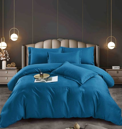 LENJERII DE PAT - Lenjerie pat dublu 100% Damasc PREMIUM, 6 Piese, cu elastic - Albastru