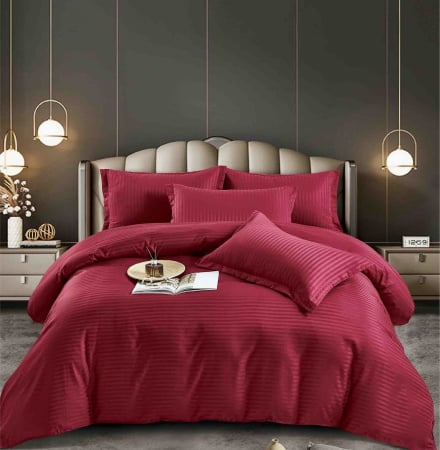 LENJERII DE PAT - Lenjerie pat dublu 100% Damasc PREMIUM, 6 Piese, cu elastic - Grena