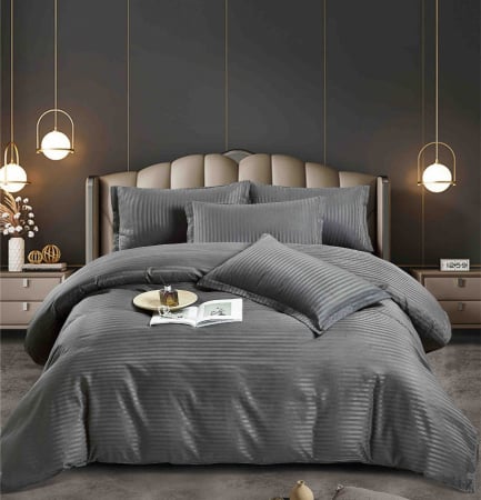 LENJERII DE PAT - Lenjerie pat dublu 100% Damasc PREMIUM, 6 Piese, cu elastic - Gri Închis