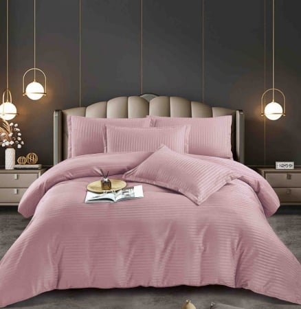 LENJERII DE PAT - Lenjerie pat dublu 100% Damasc PREMIUM, 6 Piese, cu elastic - Roz Pudrat