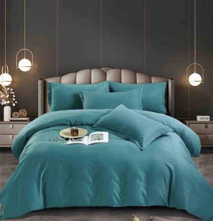 LENJERII DE PAT - Lenjerie pat dublu 100% Damasc PREMIUM, 6 Piese, cu elastic - Turcoaz Închis