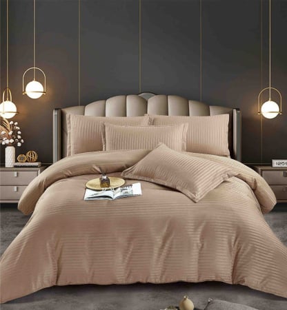 LENJERII DE PAT - Lenjerie pat dublu 100% Damasc PREMIUM, Cu Elastic, 6 Piese - Bej