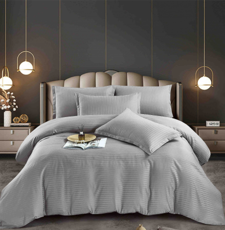 LENJERII DE PAT - Lenjerie pat dublu 100% Damasc PREMIUM, Cu Elastic, 6 Piese - Gri Deschis