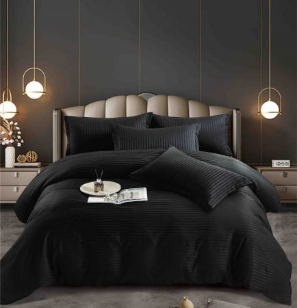 LENJERII DE PAT - Lenjerie pat dublu 100% Damasc PREMIUM, Cu Elastic, 6 Piese - Negru