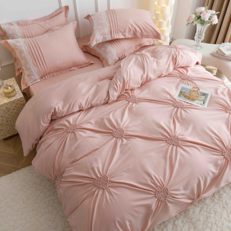 Lenjerie Pat Dublu, Bumbac Soft Touch, 6 piese, cu Pliuri Brodate - Roz Pudrat [1]