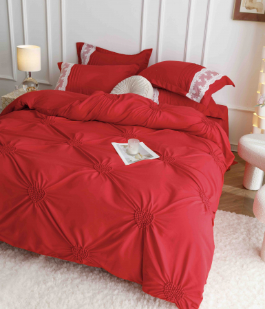 LENJERII DE PAT - Lenjerie Pat Dublu, Bumbac Soft Touch, 6 piese, cu Pliuri Brodate - Gri Deschis - Rosu