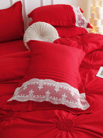 Lenjerie Pat Dublu, Bumbac Soft Touch, 6 piese, cu Pliuri Brodate - Gri Deschis - Rosu [2]