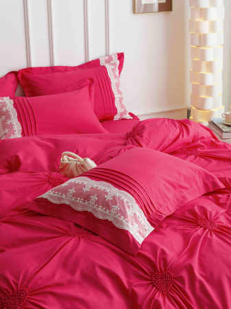 Lenjerie Pat Dublu, Bumbac Soft Touch, 6 piese, cu Pliuri Brodate - Gri Deschis - Roz [2]