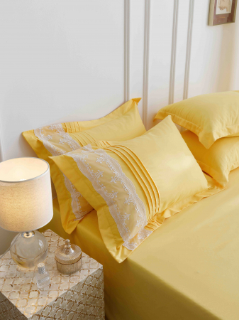 Lenjerie Pat Dublu, Bumbac Soft Touch, 6 piese, cu Pliuri Brodate - Galben [2]