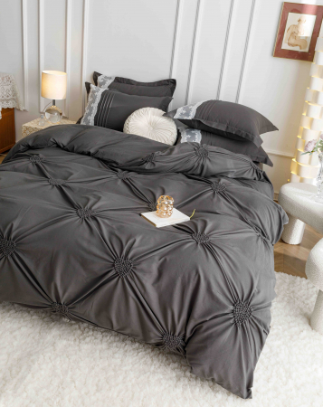 Lenjerie Pat Dublu, Bumbac Soft Touch, 6 piese, cu Pliuri Brodate - Gri Inchis [1]