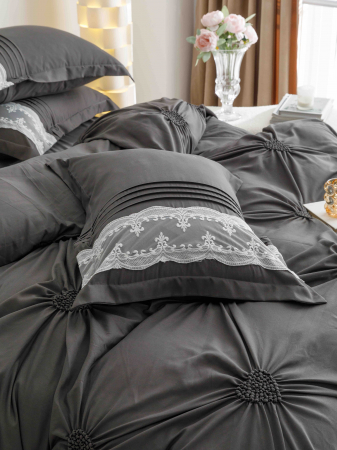 Lenjerie Pat Dublu, Bumbac Soft Touch, 6 piese, cu Pliuri Brodate - Gri Inchis [2]