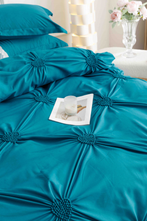 Lenjerie Pat Dublu, Bumbac Soft Touch, 6 piese, cu Pliuri Brodate - Turcoaz [1]