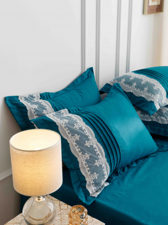 Lenjerie Pat Dublu, Bumbac Soft Touch, 6 piese, cu Pliuri Brodate - Turcoaz [2]