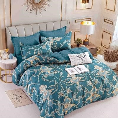 Bumbac Tip Finet Cu Elastic - Lenjerie Pat Dublu din Bumbac Tip Finet, cu Elastic, 6 Piese - Verde Menta cu Model