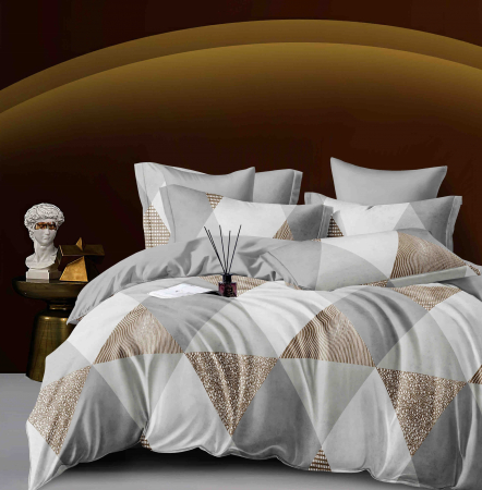 Bumbac Tip Finet Cu Elastic - Lenjerie Pat Dublu din Bumbac Tip Finet, cu Elastic, 6 Piese - Triunghiuri Alb/Gri/Bej