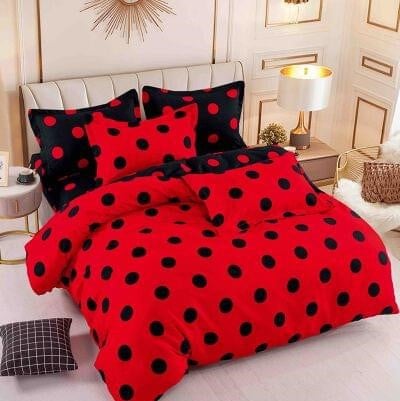 Bumbac Tip Finet Cu Elastic - Lenjerie Pat Dublu din Bumbac Tip Finet, cu Elastic, 6 Piese - Rosu / Negru Buline