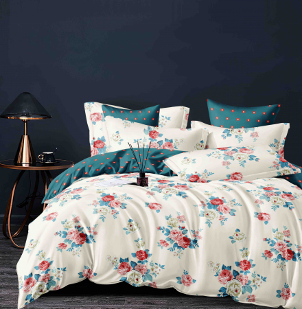 Bumbac Tip Finet Cu Elastic - Lenjerie Pat Dublu din Bumbac Tip Finet, cu Elastic, 6 Piese - Alb cu Trandafiri