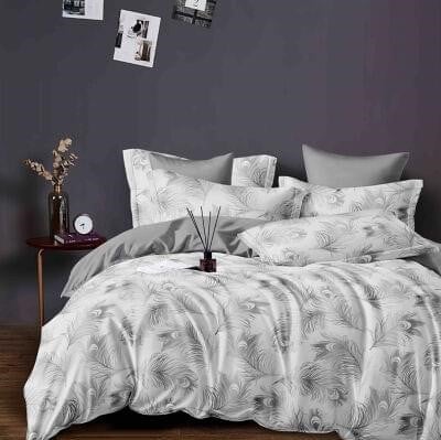 Bumbac Tip Finet Cu Elastic - Lenjerie Pat Dublu din Bumbac Tip Finet, cu Elastic, 6 Piese - Alb cu Gri