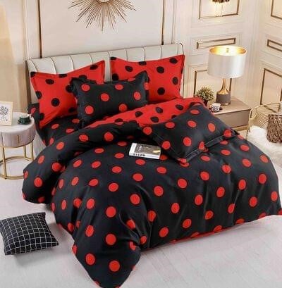 Bumbac Tip Finet Cu Elastic - Lenjerie Pat Dublu din Bumbac Tip Finet, cu Elastic, 6 Piese - Negru / Rosu Buline