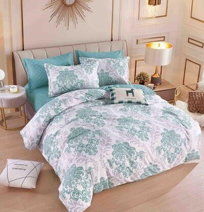 Bumbac Tip Finet Cu Elastic - Lenjerie Pat Dublu din Bumbac Tip Finet, cu Elastic, 6 Piese - Imprimeu Blue