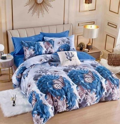 Bumbac Tip Finet Cu Elastic - Lenjerie Pat Dublu din Bumbac Tip Finet, cu Elastic, 6 Piese - Alb / Turcoaz cu Flori