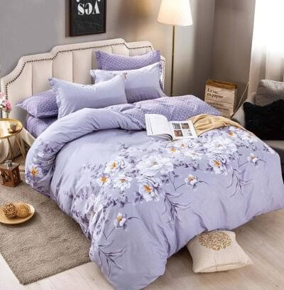 Bumbac Tip Finet Cu Elastic - Lenjerie Pat Dublu din Bumbac Tip Finet, cu Elastic, 6 Piese - Lila cu Flori