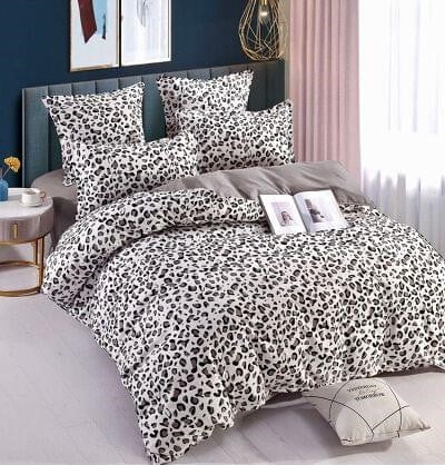 Bumbac Tip Finet Cu Elastic - Lenjerie Pat Dublu din Bumbac Tip Finet, cu Elastic, 6 Piese - Alb cu Leopard